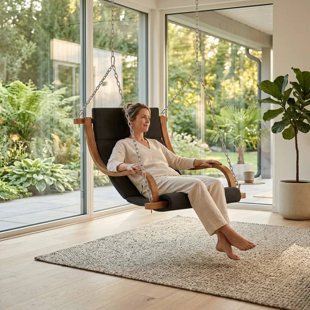 Fauteuil suspendu noir avec assise rembourrée, structure en bois courbé et chaînes.