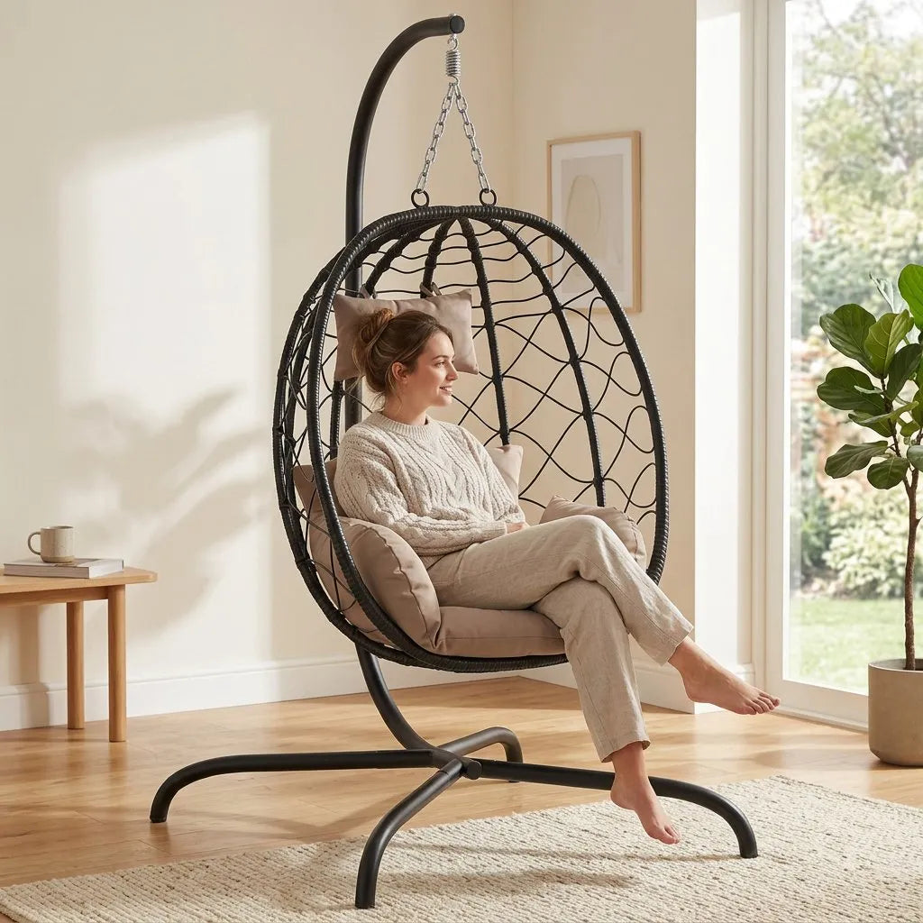 Fauteuil suspendu en rotin noir avec coussins beige, vue latérale sur piètement courbé.