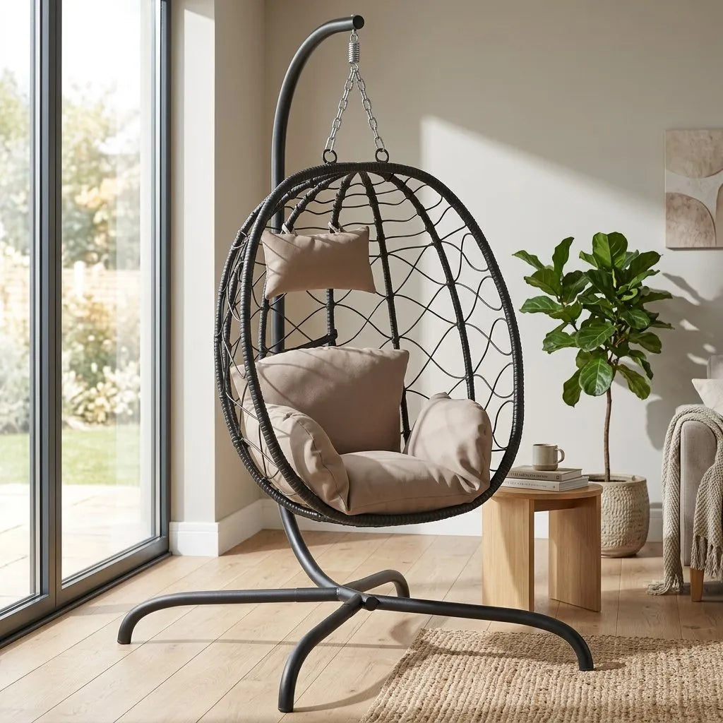 Fauteuil suspendu en rotin noir avec coussins beige, coque ovale et base métallique.