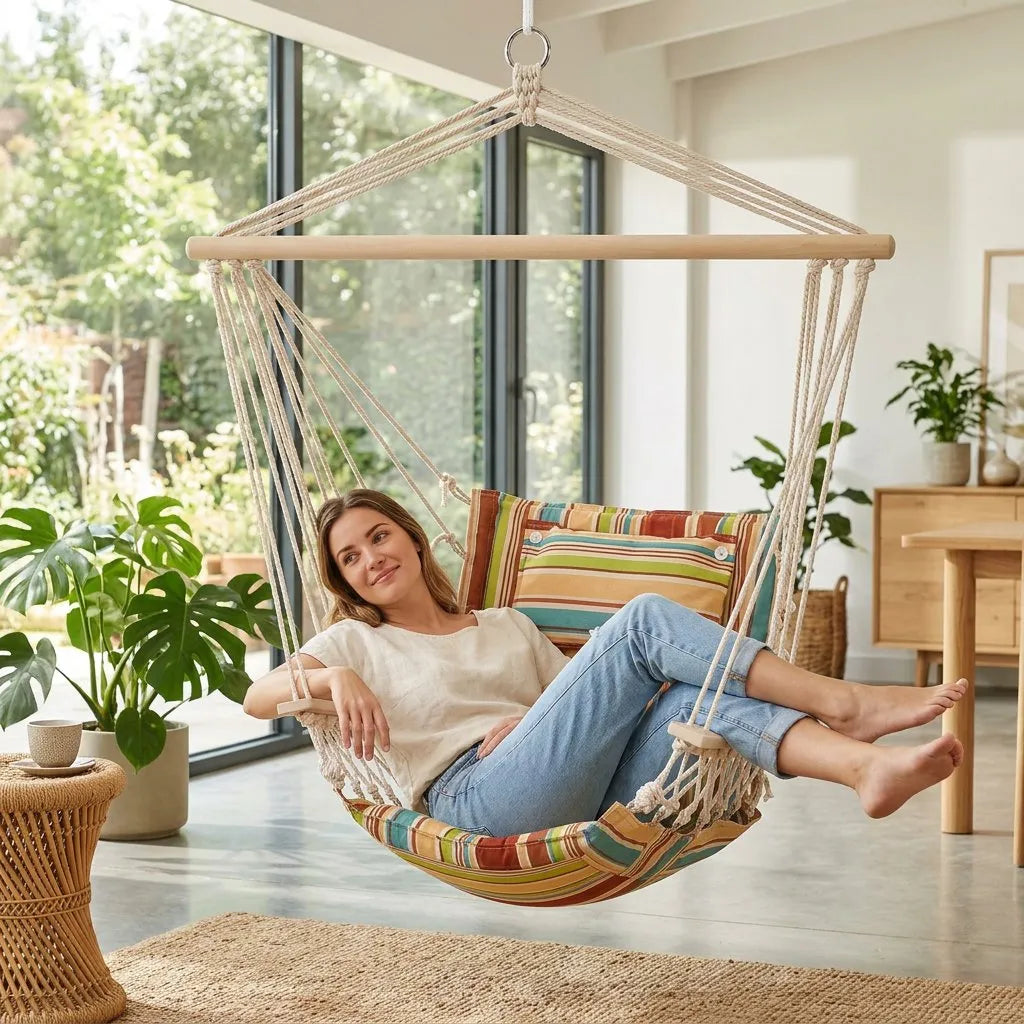 Fauteuil suspendu hamac rayé multicolore, cordes tressées blanches et barre en bois.
