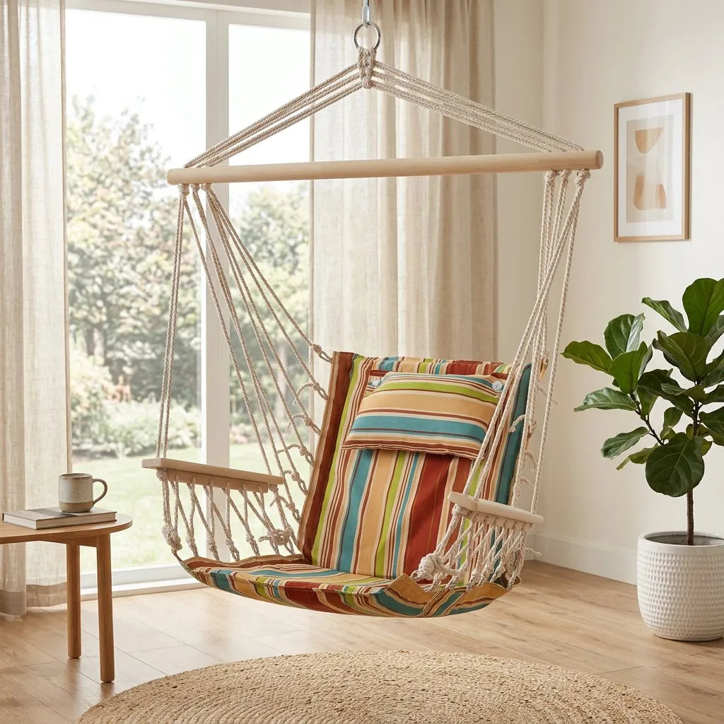 Fauteuil suspendu hamac à barre en bois, tissu rayé multicolore, support en cordes tressées.
