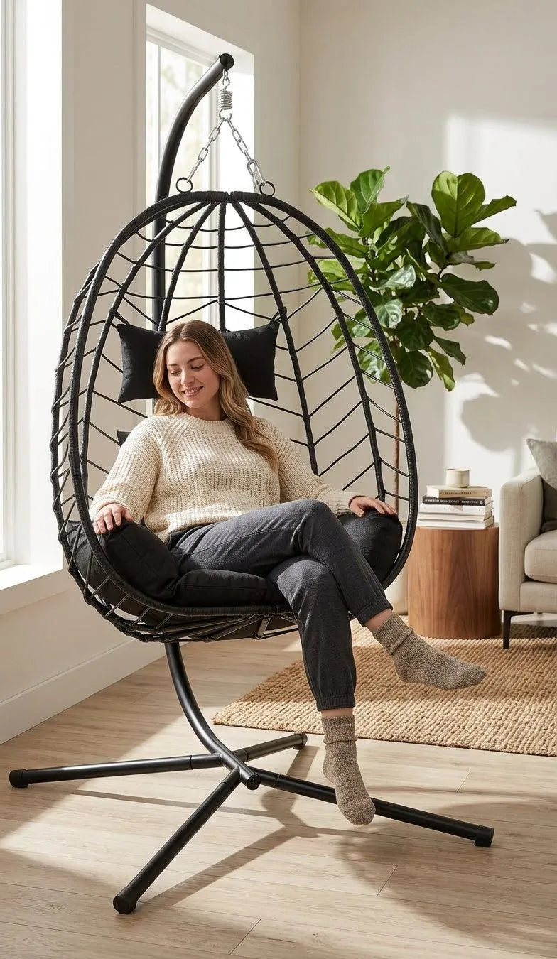 Fauteuil suspendu noir en treillis métallique, coussins épais, personne assise