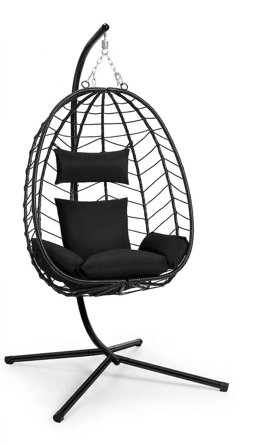 Fauteuil suspendu noir à structure en treillis métallique, coussins et base sur pied
