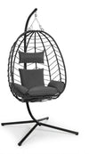 Fauteuil suspendu noir sur pied, assise et deux coussins, chaînes de suspension