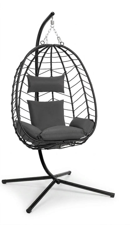 Fauteuil suspendu noir sur pied, assise et deux coussins, chaînes de suspension