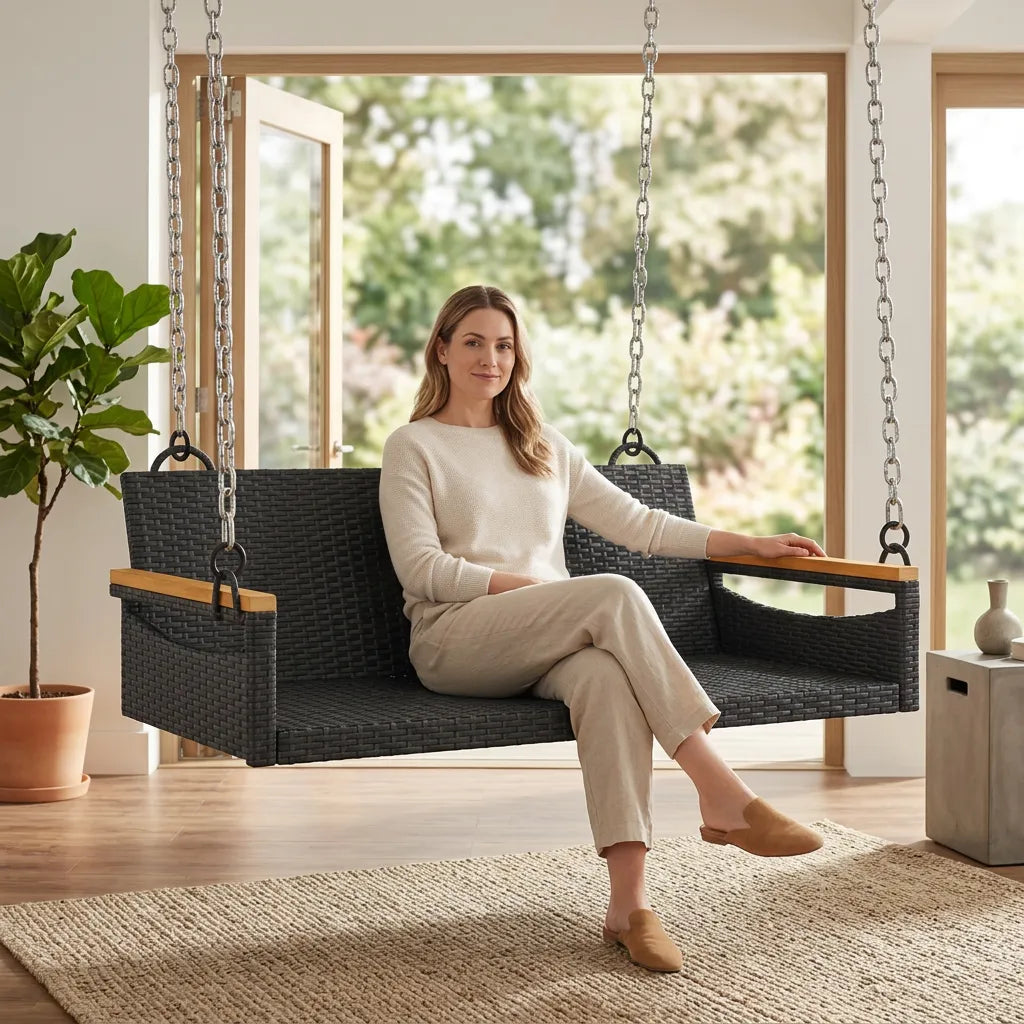 Fauteuil suspendu en résine tressée sombre, accoudoirs en bois, chaînes, assise avec coussin.