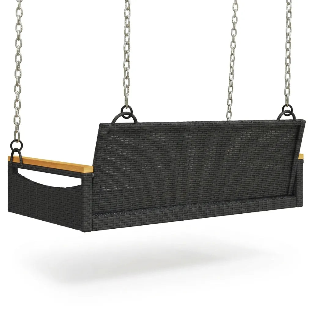 Fauteuil suspendu résine tressée sombre, accoudoirs bois, dossier plein, suspension par chaînes.