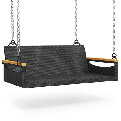 Fauteuil suspendu résine tressée sombre, accoudoirs bois, dossier et assise, chaînes.