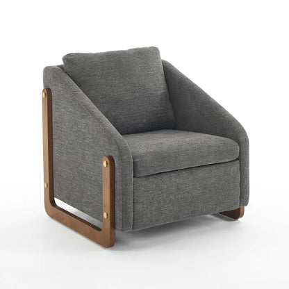 Fauteuil rembourré gris, accoudoirs en bois, dossier haut et assise confortable