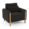 Fauteuil rembourré en tissu sombre, accoudoirs droits et pieds en bois clairs