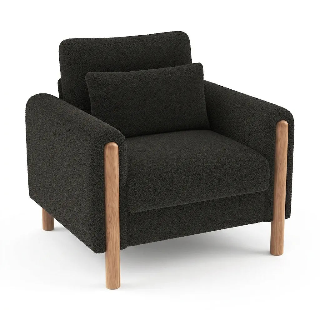 Fauteuil rembourré en tissu sombre, accoudoirs droits et pieds en bois clairs