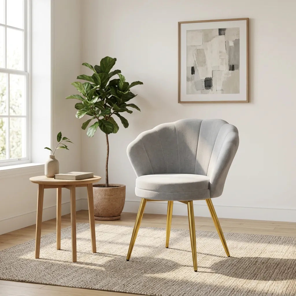 Fauteuil gris clair avec accoudoirs arrondis et pieds métalliques dorés.