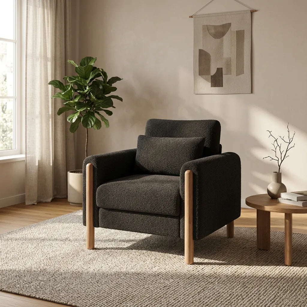 Fauteuil rembourré en tissu foncé, dossier haut et pieds en bois clairs
