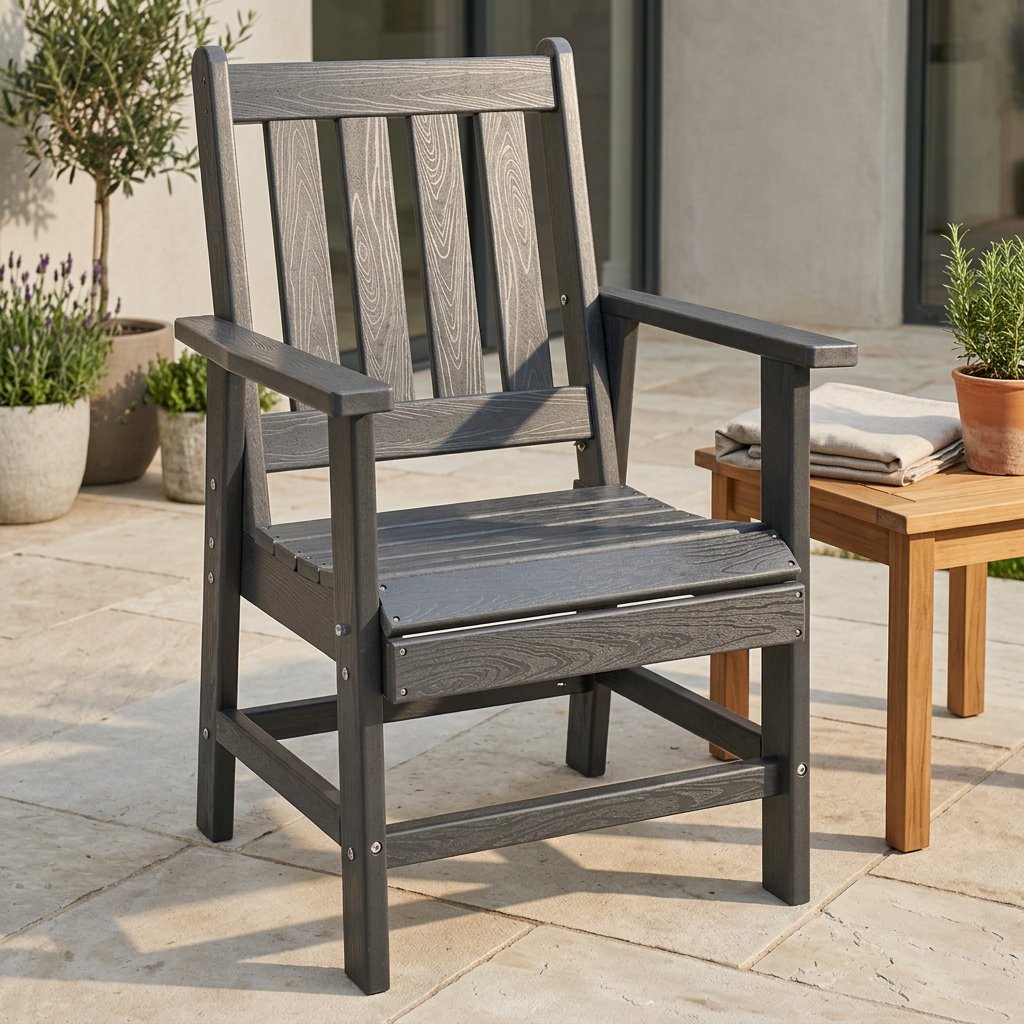 Fauteuil de jardin gris aspect bois, dossier ajouré à lattes et accoudoirs.