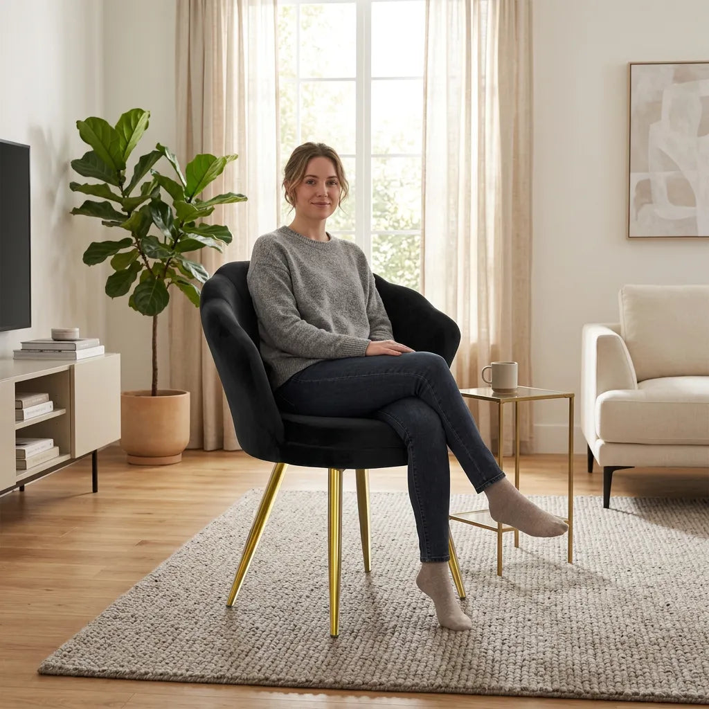 Fauteuil gris foncé avec accoudoirs arrondis et pieds métalliques dorés.