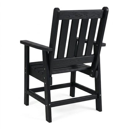 Fauteuil de jardin noir aspect bois, dossier et assise à lattes, accoudoirs.