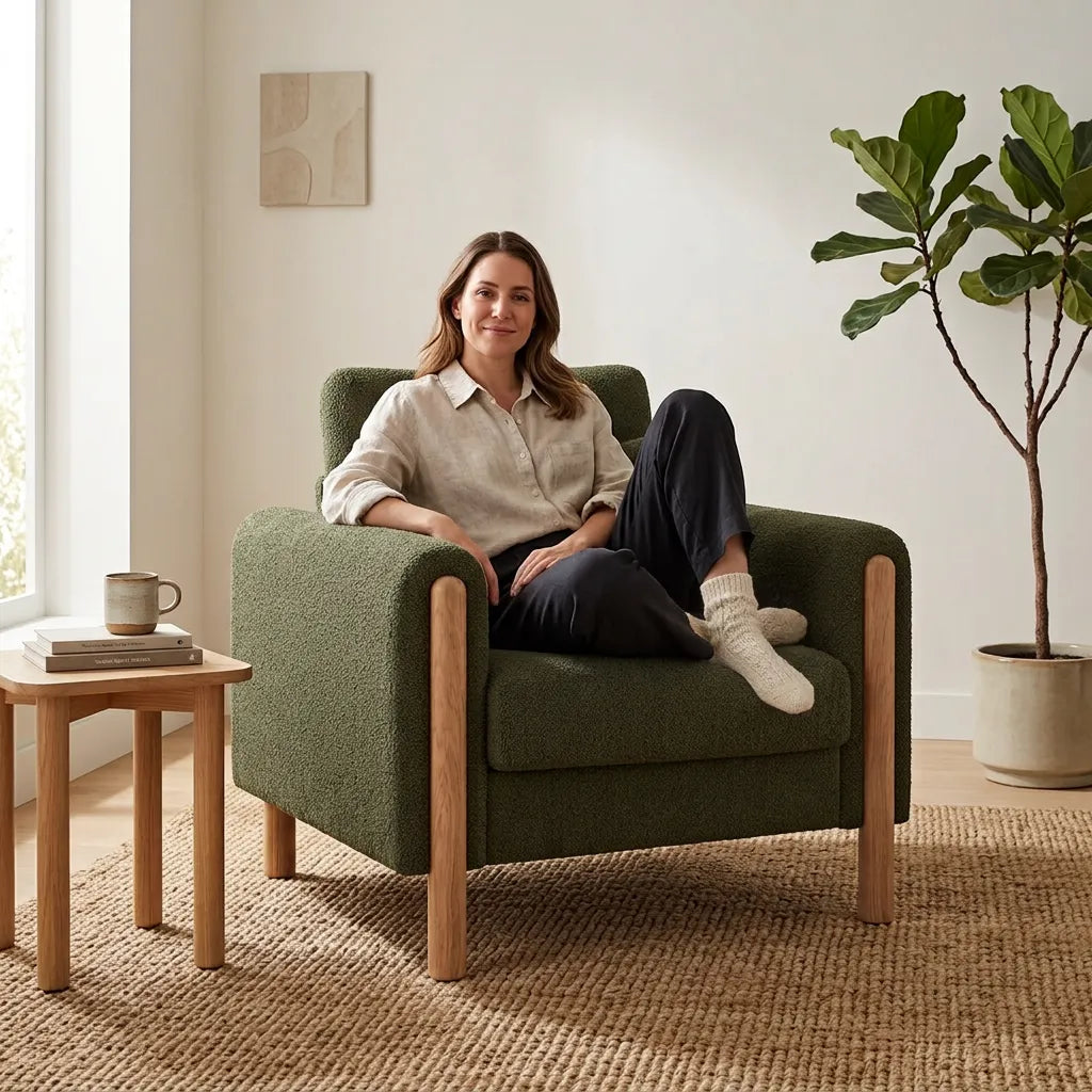 Fauteuil rembourré en tissu vert, assise et dossier épais, pieds en bois clairs