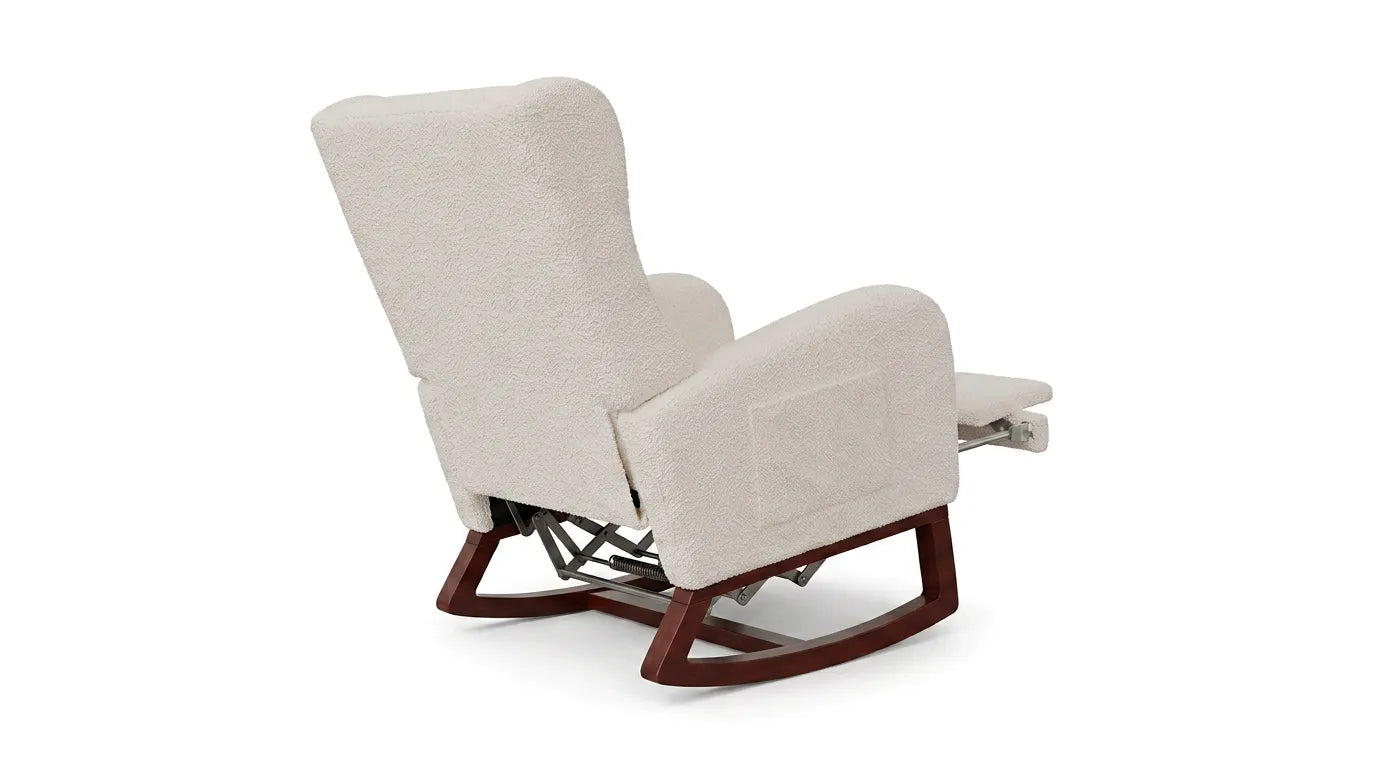 Fauteuil inclinable beige, vue de côté du mécanisme et repose-pieds extensible.