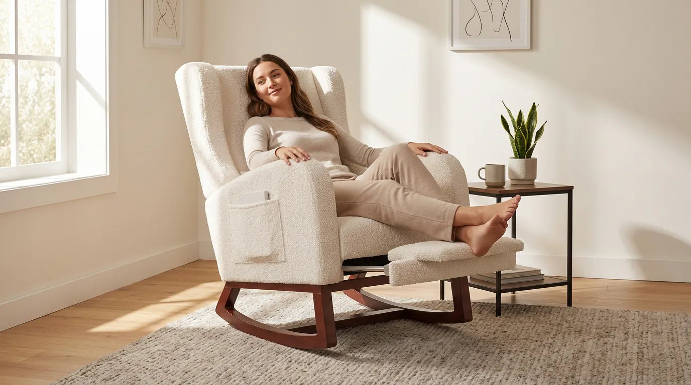 Fauteuil inclinable beige avec repose-pieds et dossier haut, occupé par une personne.