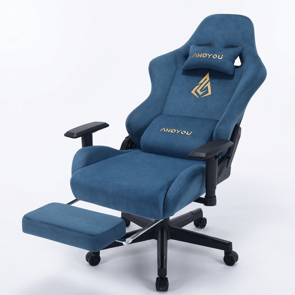 Fauteuil de bureau avec repose-pieds, tissu bleu, dossier haut et assise rembourrée.