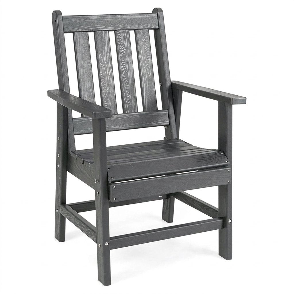 Fauteuil de jardin gris à dossier et assise à lattes, accoudoirs, piètement droit.