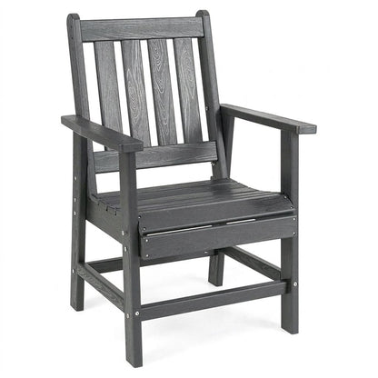 Fauteuil de jardin gris à dossier et assise à lattes, accoudoirs, piètement droit.