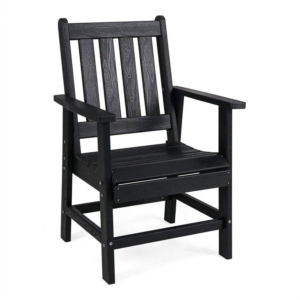 Fauteuil de jardin noir aspect bois, dossier ajouré à lattes et assise à lattes.
