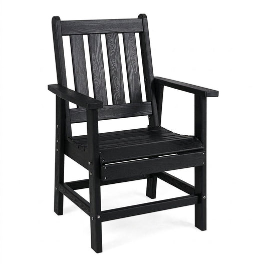 Fauteuil de jardin noir aspect bois, dossier ajouré à lattes et assise à lattes.