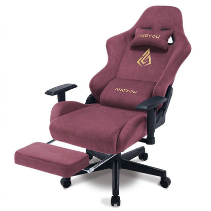 Fauteuil de bureau avec repose-pieds, tissu bordeaux, assise confortable et repose-tête.